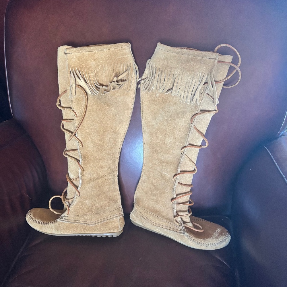 Tall Tan Leather Minnetonka Moccasin Boots - Picture 7 of 13